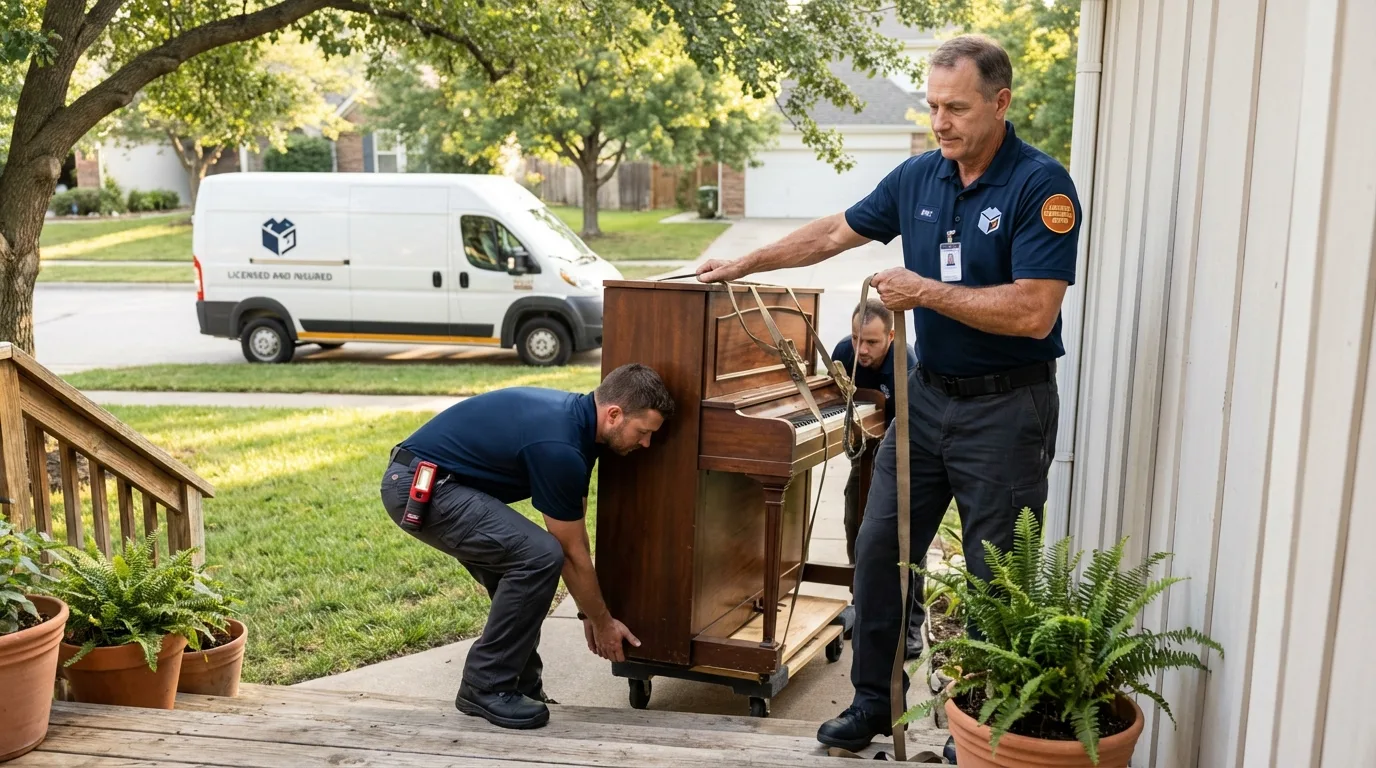 Licensed piano movers securing grand piano in Manheim, PA
